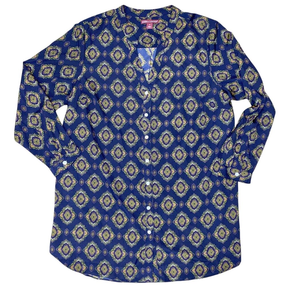 Jessica London Womens 18 Tunic Top Blue Gold Medallion Button Up Longline Blouse